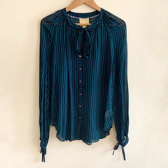 Anthropologie Maeve Della Chevron Button Down Blouse Green Navy Blue - Picture 2 of 6